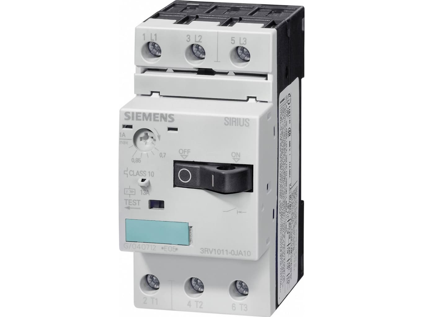 Siemens 3RV1011-1GA10 Katkaisija 1 kpl 3 x katkaisija Asetusalue (virta): 4,5 - 6,3 A Kytkentäjännite (max.): 690 V/AC (L x K x S) 45 x 90 x 81 mm