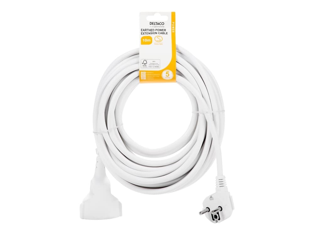 Deltaco GT-0902, 10 m, 1 AC-pistorasia(a), Sisätila, Kulmikas, Valkoinen, FSC - certified packaging Tested and certified by Intertek