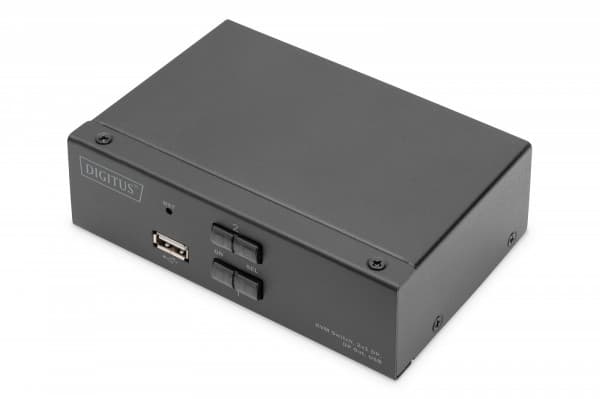 DIGITUS KVM-switch 2x1 DP med USB: 2× DP-ut + 2× USB + 2 högtalare + 2 mikrofon