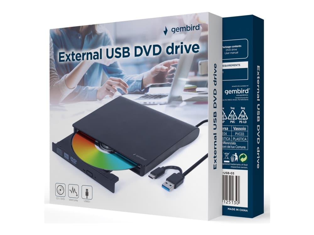 Gembird DVD-USB-031-BW, musta, Etu, CE, Työpöytä, DVD±RW, USB Type-C