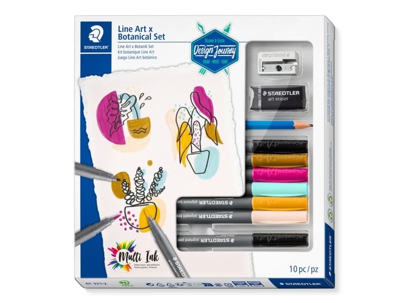 STAEDTLER Piirustussarja Line Art &amp Botanical Set, 10 kpl Sisältö: 6x kuitukärkikynät pigmenttiharjakynä (371-99,-431,-16, - 1 kpl (61 371-2))