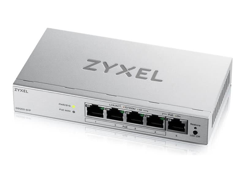 Zyxel GS1200-5HPV3, Hallittu, L2, Gigabit Ethernet (10/100/1000), Täysin kaksipuolinen, Power over Ethernet -tuki, Työpöytä