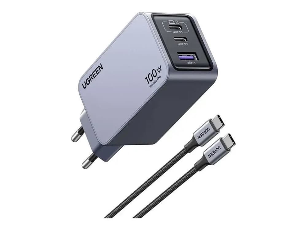 Ugreen Nexode Pro EU 3-Port GaN PD Fast Charger With USB-C Cable, Sisätila, AC, musta, Harmaa