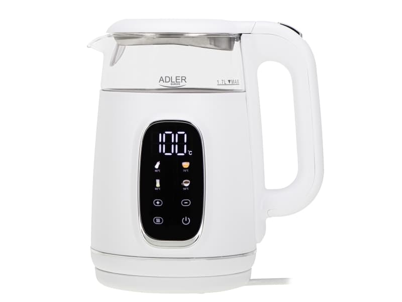 Adler AD 1305WS, 1,7 L, 2200 W, Läpinäkyvä, Valkoinen, Hopea, Lasi, Muovi, Säädettävä termostaatti, Veden tason ilmaisin
