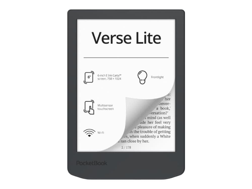 PocketBook Verse Lite, 15,2 cm (6), E Ink Carta, 758 x 1024 pikseliä, ACSM, AZW, AZW3, CBR, CBZ, CHM, DOC, DOCX, DjVu, EPUB, FB2, FB2.ZIP, HTM, HTML, MOBI, PDF, PRC,..., BMP, JPEG, PNG, TIFF, 8 GB, 8 GB