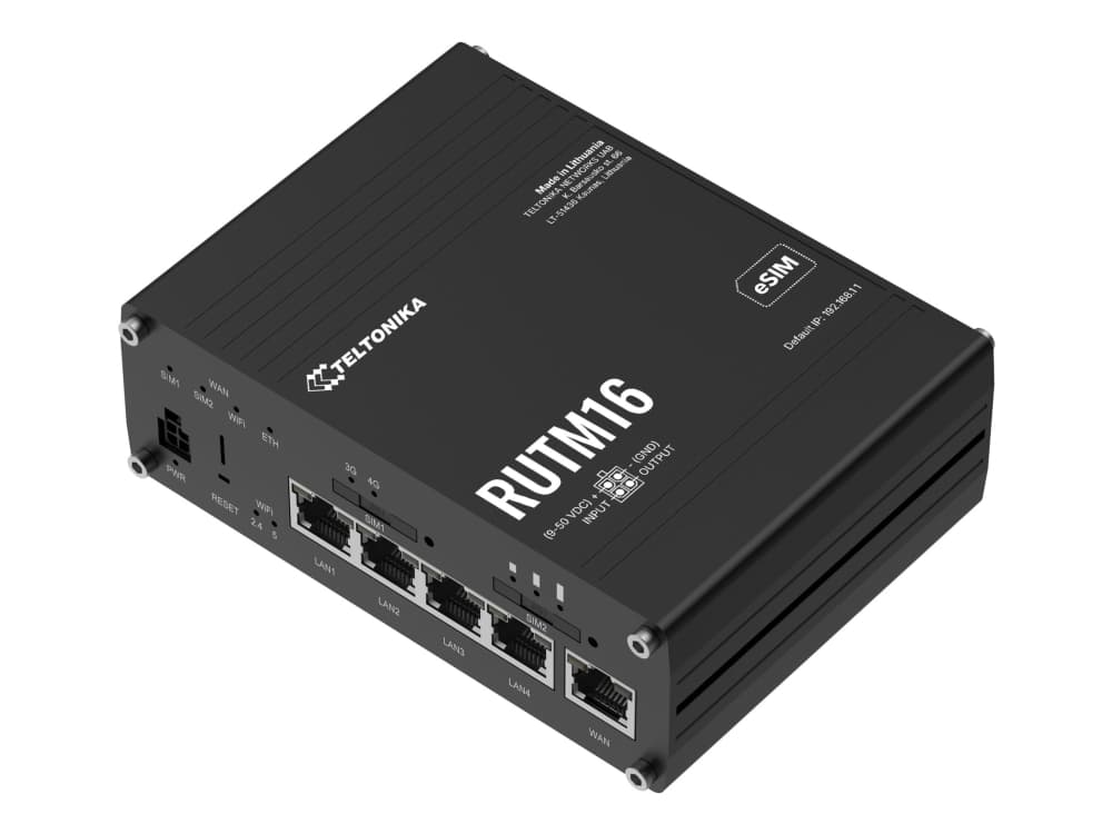 Teltonika RUTM16 - Langaton reititin - WWAN 4-porttinen kytkin - PPP, 1GbE - Wi-Fi 5 - Dual Band - 3G, 4G - DIN-kiskoon asennettava, seinään asennettava, pinta-asennettava