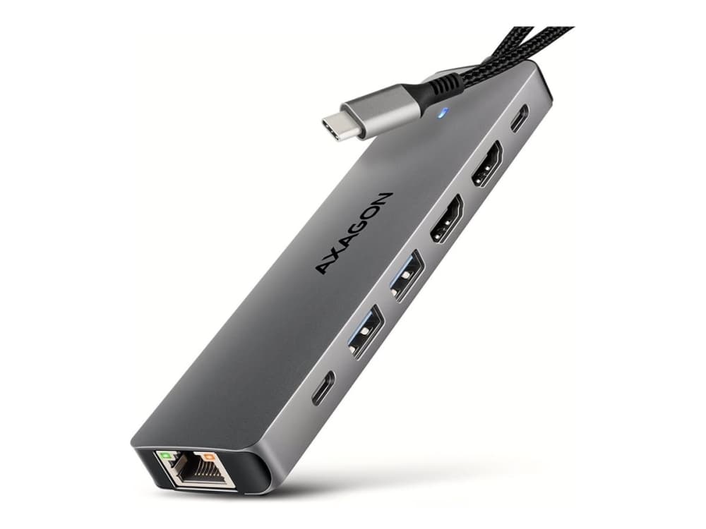 AXAGON HMC-7HX2 USB-hub, 2x USB-A, 1x USB-C, 2x HDMI 2.0, 1x RJ45, 100 W PD - hopea
