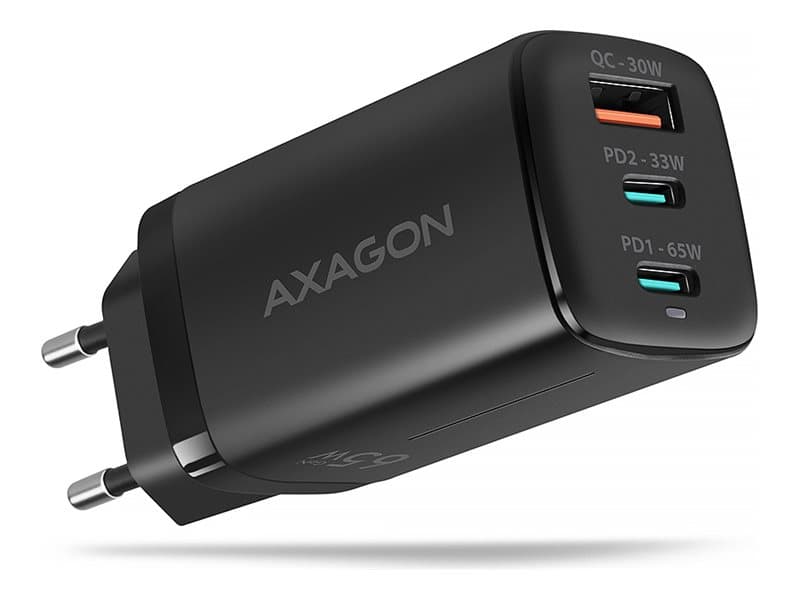 AXAGON ACU-DPQ65 Ladegrät, 2x USB-C, 1x USB-A, PD3.0/QC4+/PPS, 65W - musta