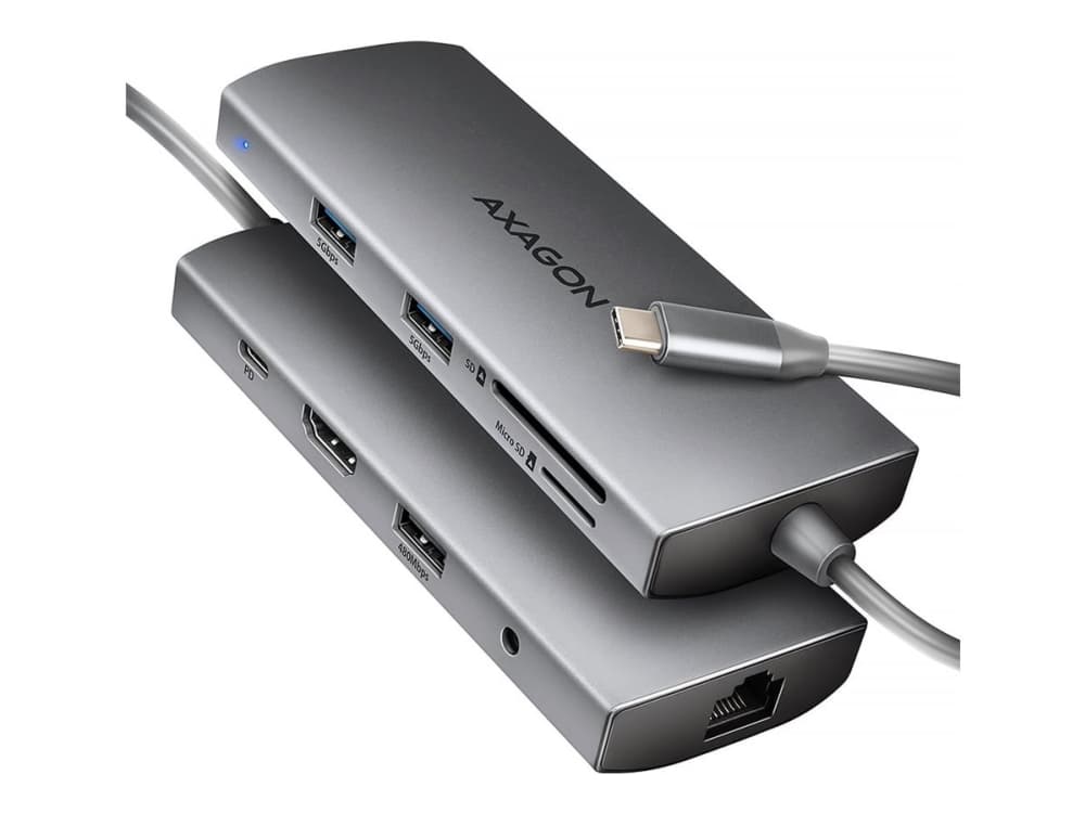 Axagon HMC-8HLSA Moniporttinen USB-C 3.2 Gen 1 -keskitin, 3x USB-A + 4K/30Hz HDMI + SD/Micro SD, GLAN, Audio, PD 100W, 20cm USB-C-kaapeli