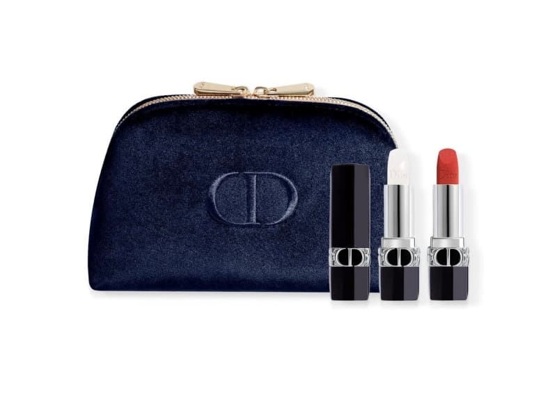 Set Christian Dior: Couture Colour, Velvet, Cream Lipstick, 720, Icone, Refillable, 3.5 ml + Couture Colour, Lip Balm, 000, Diornatural, Refill, 3.5 g + Textile Makeup Bag, Blue For Women