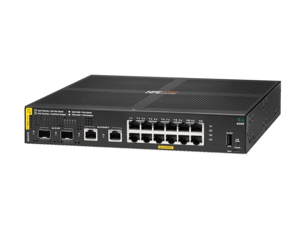 HPE Aruba Networking CX 6000 12p 10M/100M/1G Class4 PoE 2p SFP 1G 139W kytkin - Kytkin - Hallittu - 12 x 10/100/1000 (PoE+) + 2 x Gigabit SFP (uplink) + 2 x Gigabit RJ-45 - Telineasennettava, seinäasennettava - PoE+ (139 W) - BTO
