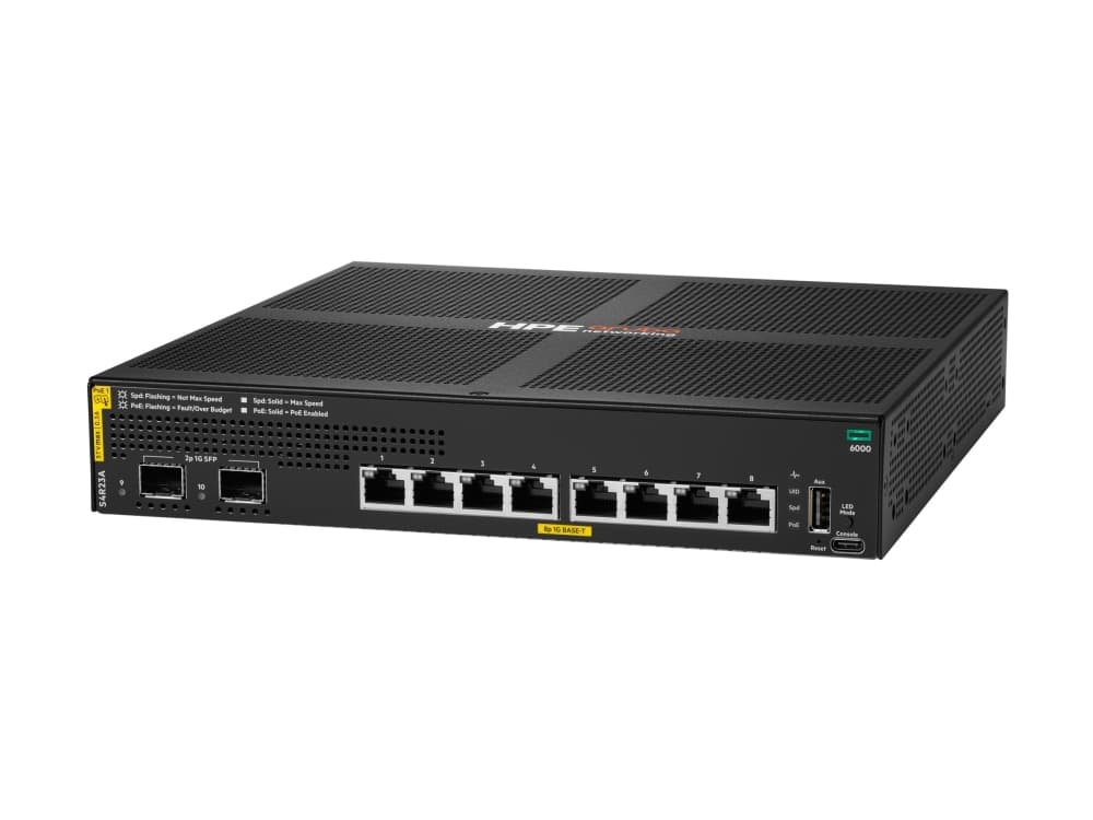 HPE Aruba Networking CX 6000 8p 10M/100M/1G Class4 PoE 2p SFP 1G 67W Switch - Kytkin - Hallittu - 8 x 10/100/1000 (PoE+) + 2 x Gigabit SFP (uplink) - Telineasennettava, seinäasennettava - PoE+ (67 W) - BTO