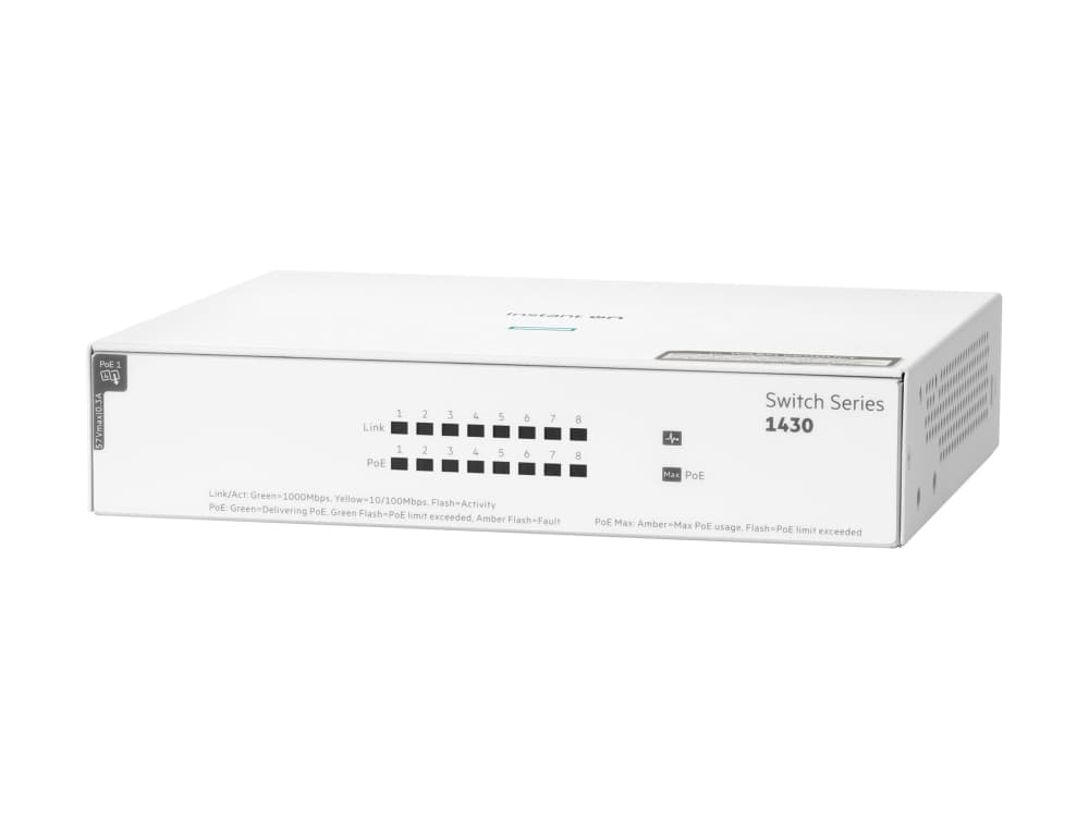 HPE Networking Instant On 1430 8G Class4 PoE 64W -kytkin - Kytkin - Hallitsematon - 8 x 10/100/1000 (PoE-luokka 4) - Pöytäkiinnitys, telineasennus, seinäasennus - PoE (64 W) - BTO