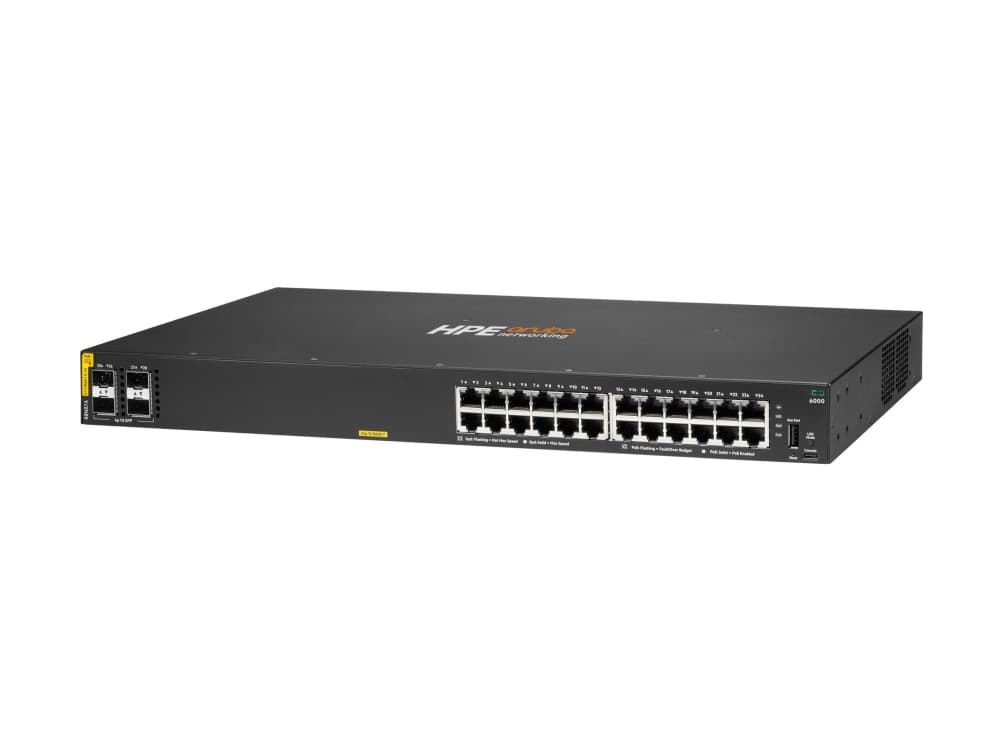 HPE Aruba 6000 24G Class4 PoE 4SFP 370W kytkin - kytkin - Hallittu - 24 x 10/100/1000 (PoE+) + 4 x Gigabit SFP - ilmavirta vierekkäin - telineasennettava - PoE (370 W) - PoE (370 W)