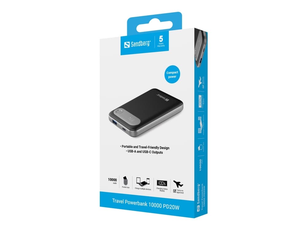 Sandberg 421-16, 10000 mAh, litiumpolymeeri (LiPo), Power Delivery, 3,7 V, alumiini, musta