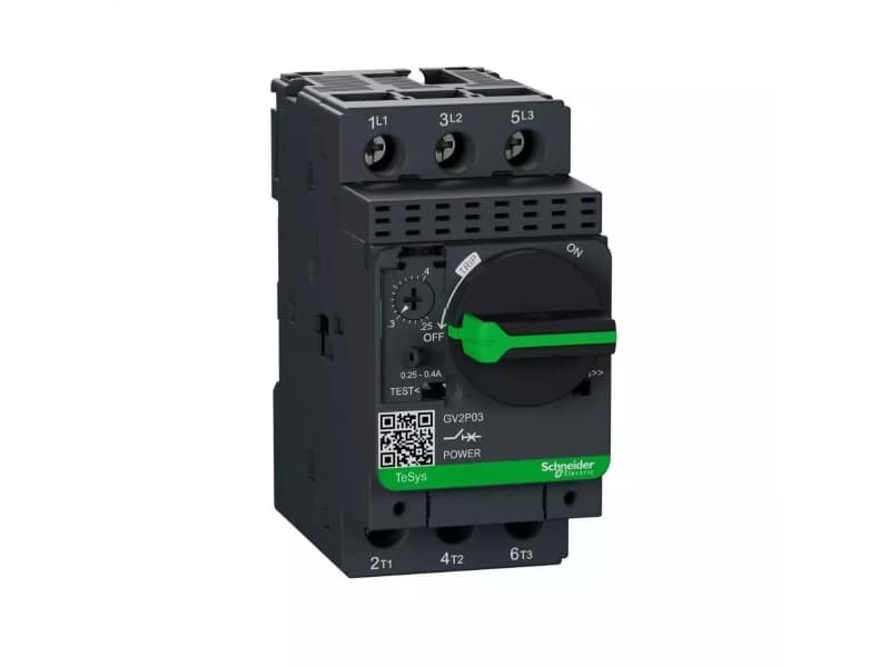 SCHNEIDER ELECTRIC Käsikäyttöinen moottorinsuoja TypeGV2-P 3-napainen asetusalue 0,25-0,40A 400VAC:ssa Ruuviliitin Korkea oikosulkutaso Kiertokahva Kiertokahva