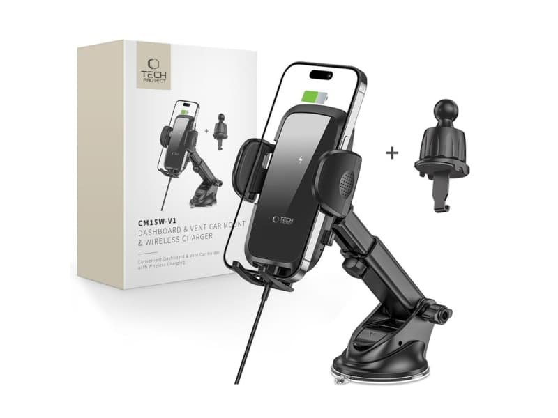 15W autoteline langattomalla latauslaitteella kojelauta / tuuletusaukko Tech-Protect CM15W-V1 mustana