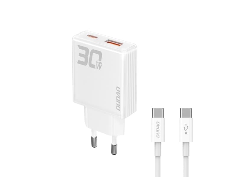 Dudao A30EU Adapter 30Watt GaN 1xUSB-C 1xUSB-A (USB-C USB-C-kaapeli mukana)
