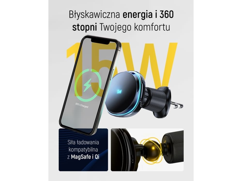 Wozinsky WCT5-Q6S2Y autoteline Qi/MagSafe 15W induktiivinen laturi tuulettimella varustetulle tuuletusritilälle - musta