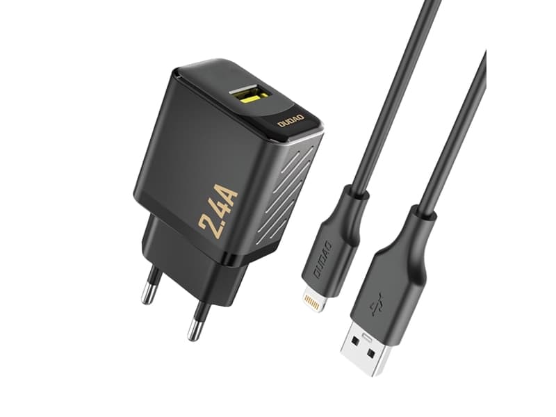 Dudao A23LEU 2.4A GaN EU USB-A Wall Charger with USB-A to Lightning Cable - Black