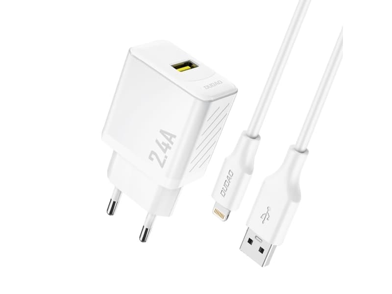 Dudao A23LEU 2.4A GaN EU USB-A Wall Charger with USB-A to Lightning Cable - White