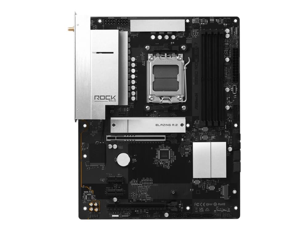 ASRock B850 Rock WiFi 7 - Emolevy - ATX - Socket AM5 - AMD B850 Chipset - USB-C 3.2 Gen 1, USB 3.2 Gen 1, USB 3.2 Gen 2, USB-C 3.2 Gen 2, USB-C 3.2 Gen 2 - 2.5 Gigabit LAN, Bluetooth - sisäinen grafiikka (CPU tarvitaan) - HD Audio (8-kanavainen)