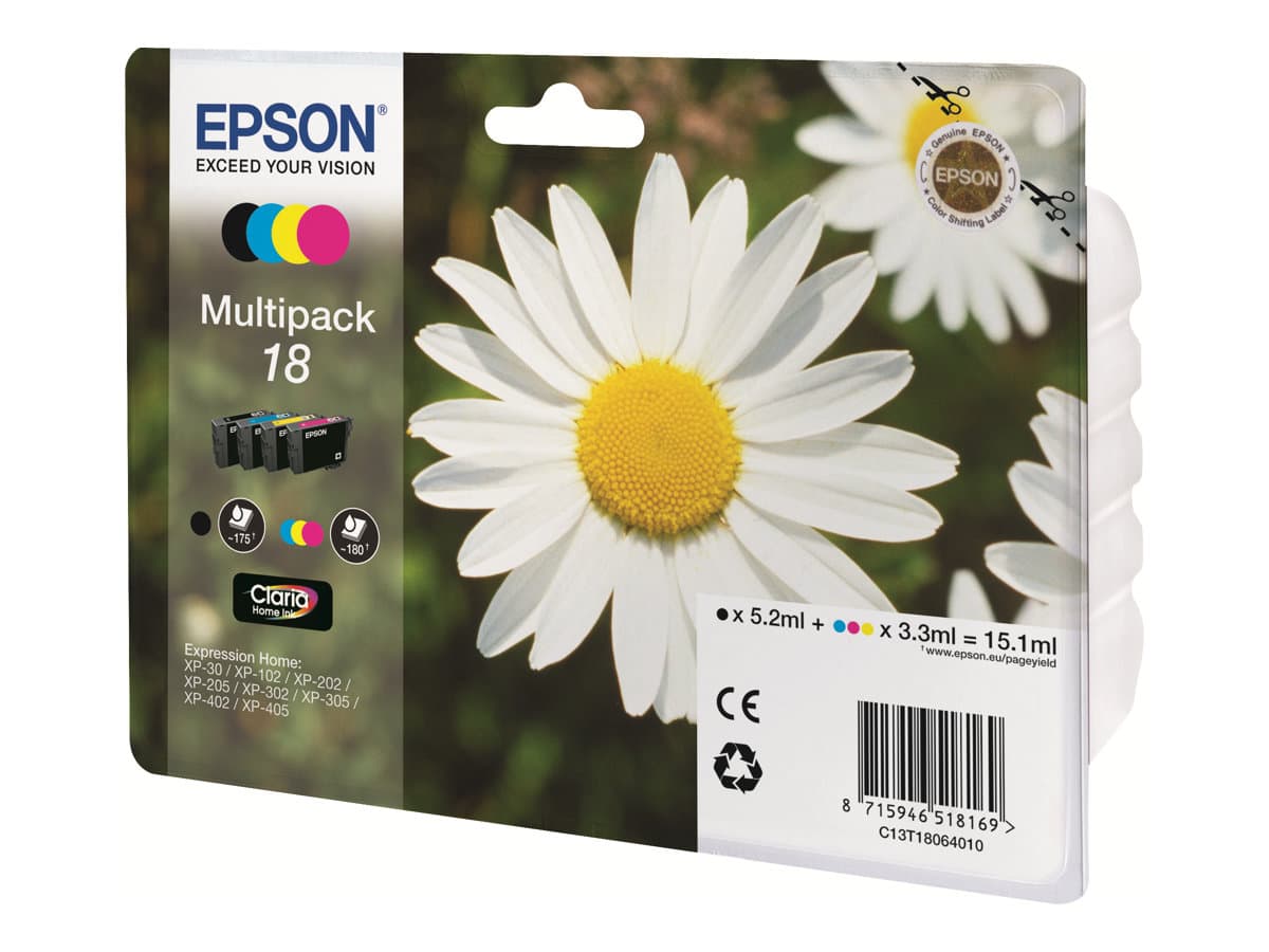 Epson Daisy Monipakkaus, 4 väriä 18 Claria Home -muste, Musta, Syaani, Magenta, Keltainen, 5,2 ml, 3,3 ml, 1 kpl, 175 sivua, Monipakkaus