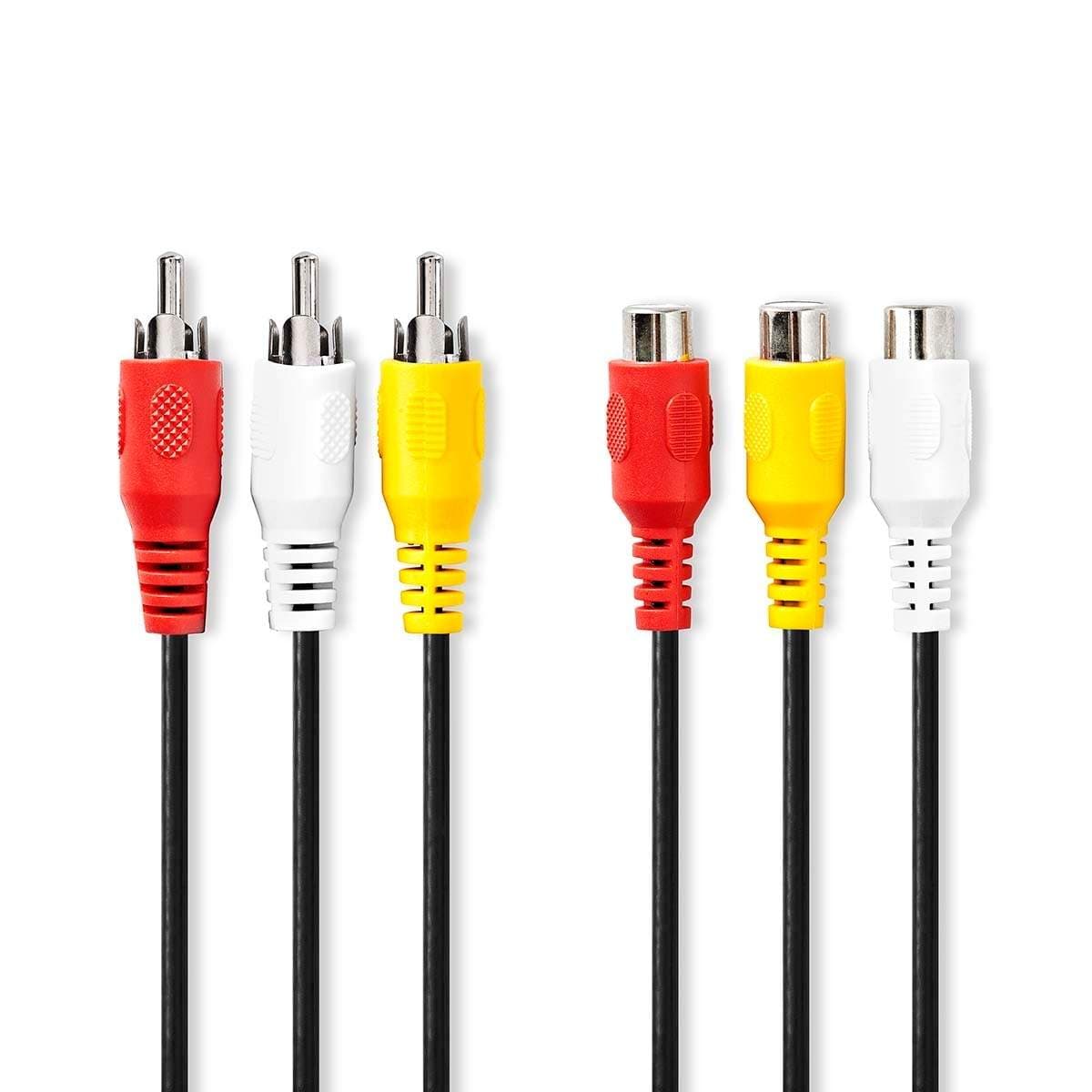 Komposiittivideokaapeli | 3x RCA uros | 3x RCA naaras | Niklattu | 480p | 2.00 m | Pyöreä | PVC | Musta | Label