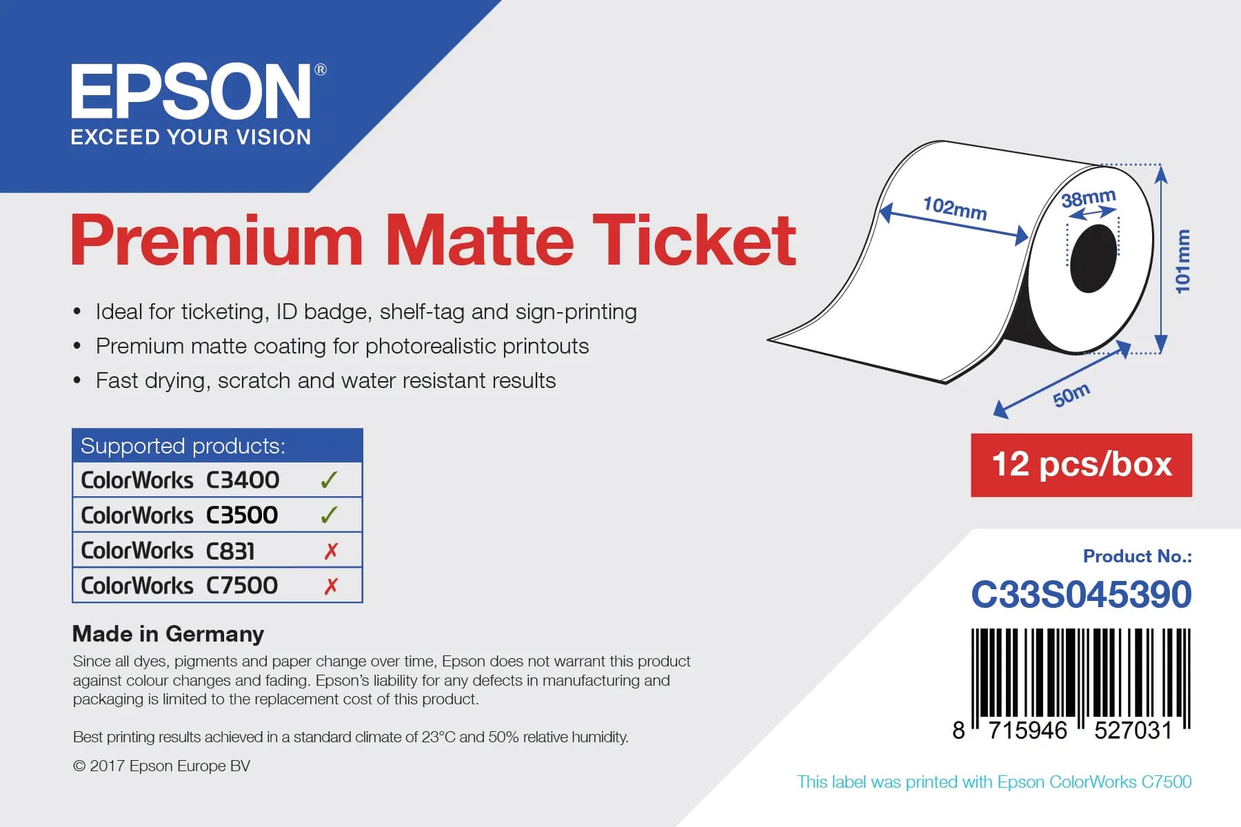 Premium Matte Ticket Roll 102mm x 50m