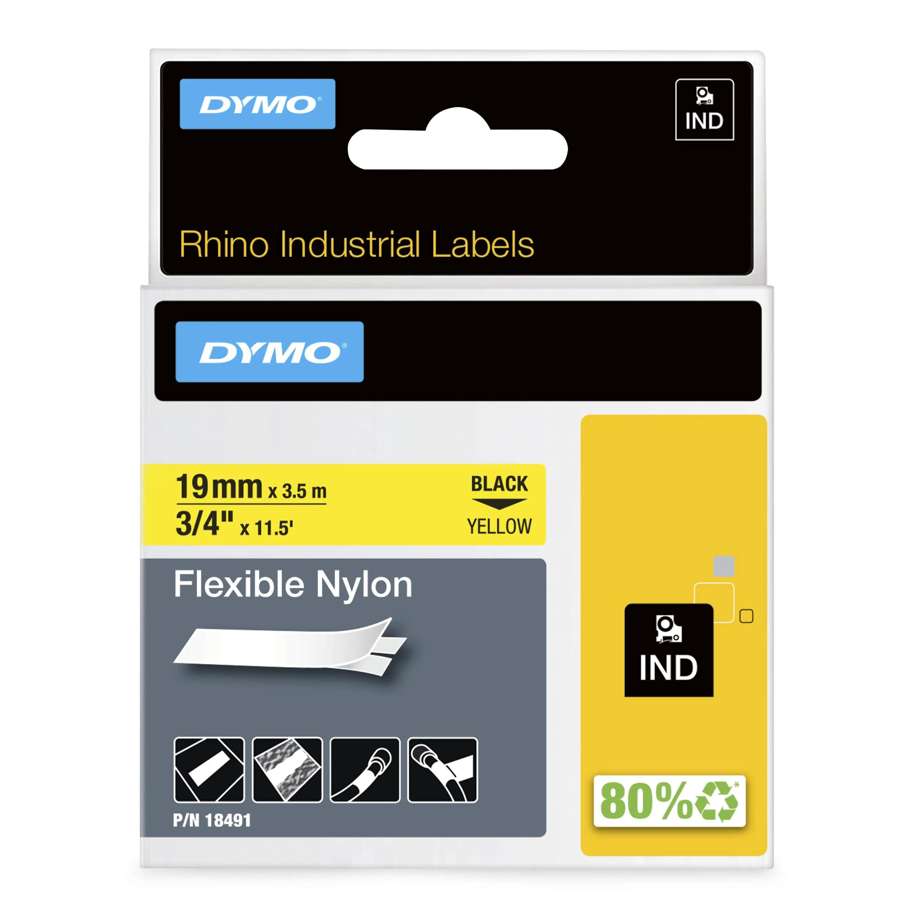 DYMO Rhino PRO joustava merkkausteippi, 19 mm, keltainen nylonteipp