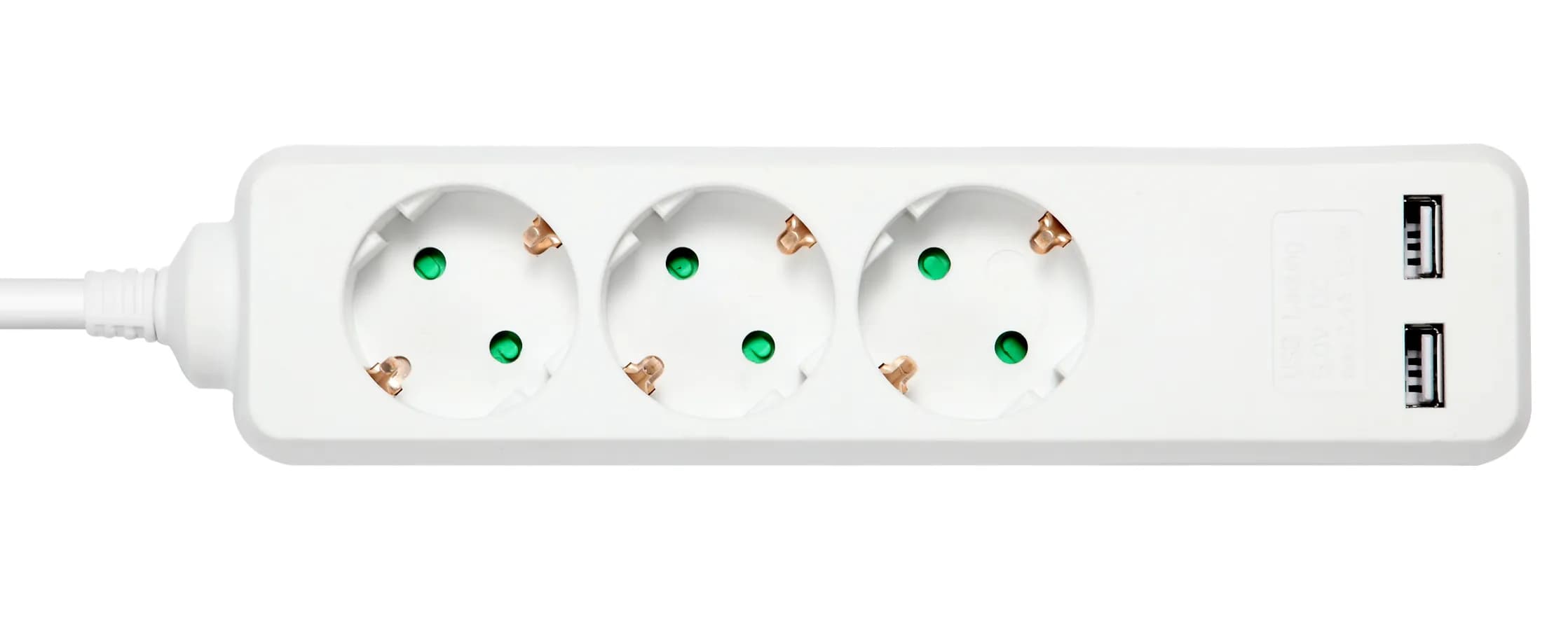 Deltaco GT-0310 2 xUSB, 3 AC-pistorasia(a)-osainen jatkojohto, 1,5m, Valkoinen