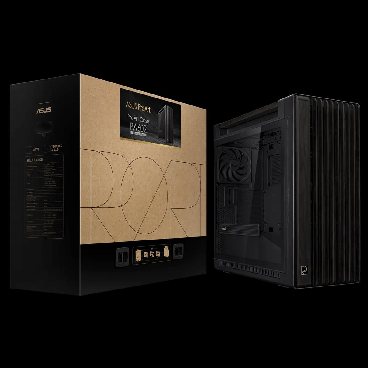ASUS ProArt PA602 Wood Edition -täystornikotelo ikkunalla, musta