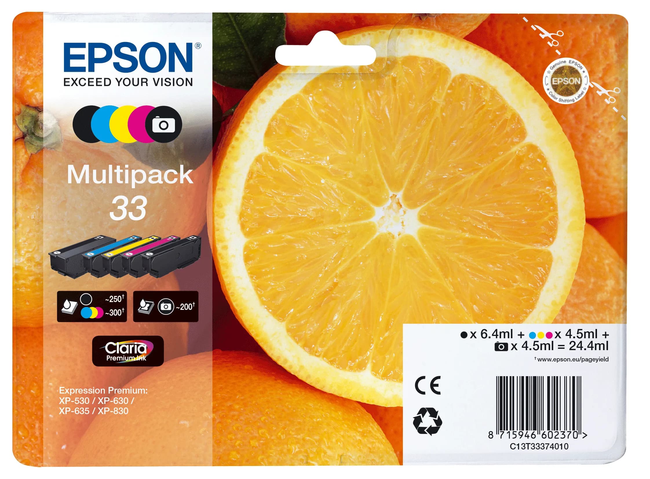 Epson 33 Claria Premium -mustekasettipakkaus, musta/valokuvamusta/syaani/magenta/keltainen, 5 kpl