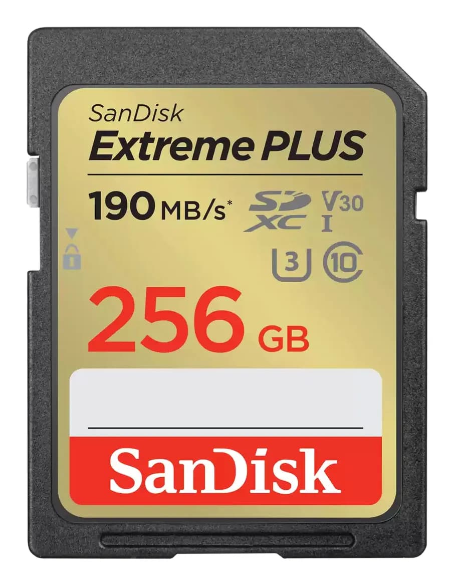 SanDisk Extreme PLUS 256 Gt SDXC UHS-I U3 V30 -muistikortti, musta, kulta