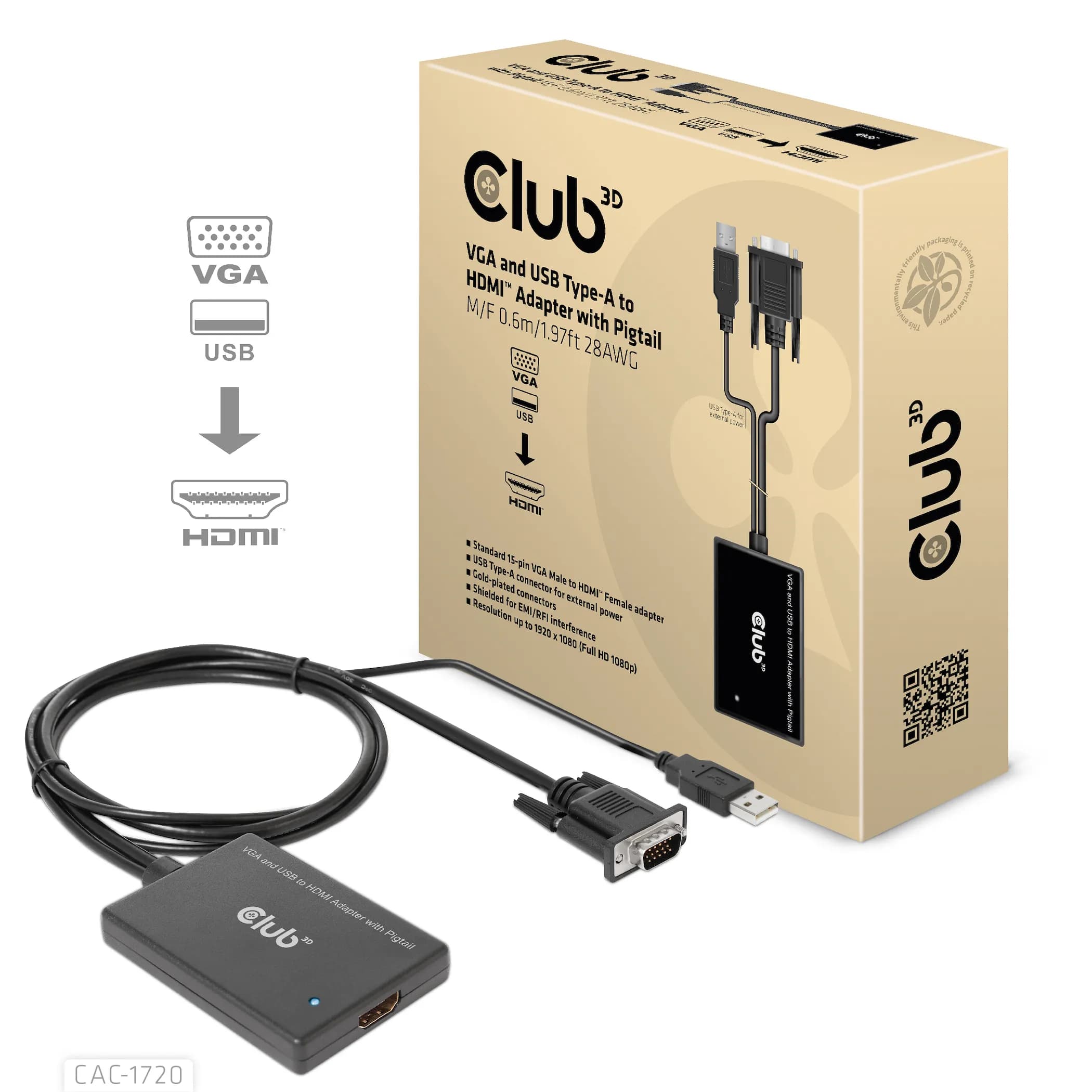 Club 3D VGA + USB-A - HDMI -sovitin, Musta, 0.6m