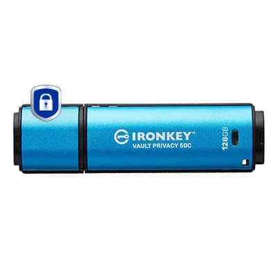 Kingston IronKey Vault Privacy 50C USB-C 3.2 Gen 1 128 Gt -muistitikku, musta/sininen