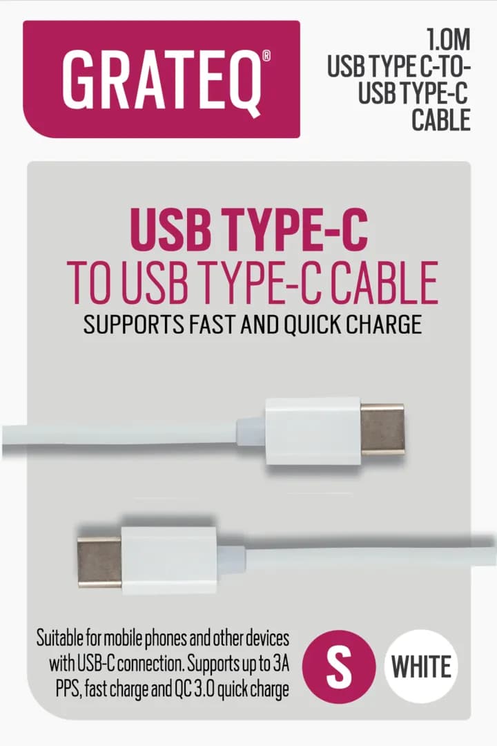 GRATEQ USB-C -kaapeli, 100 W, 1 m, valkoinen