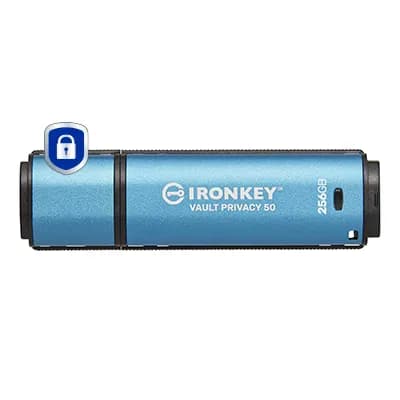 Kingston IronKey Vault Privacy 50 USB 3.2 Gen 1 256 Gt -muistitikku, sininen