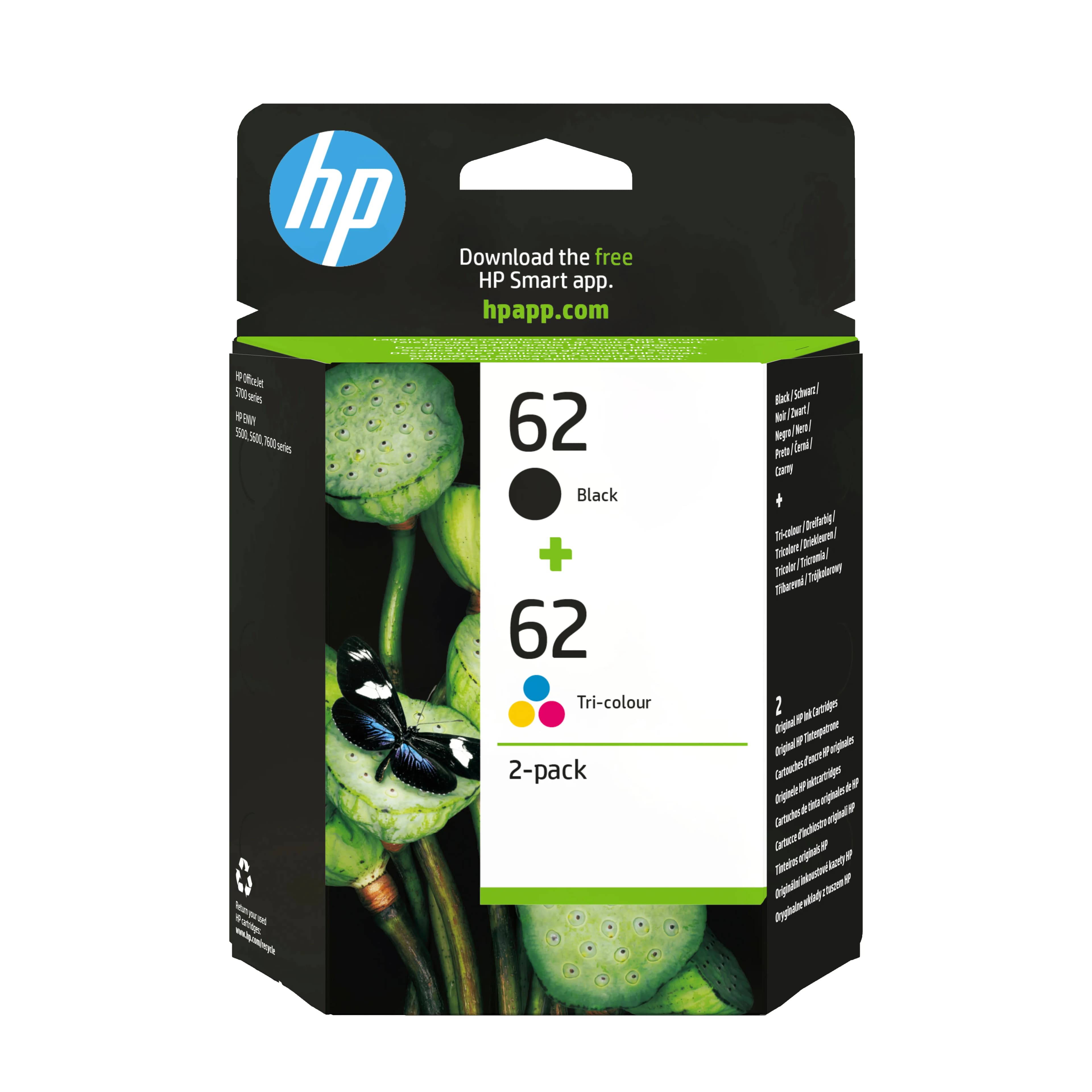 HP 62-mustekasettipakkaus, musta ja kolmivärinen, 2 kpl