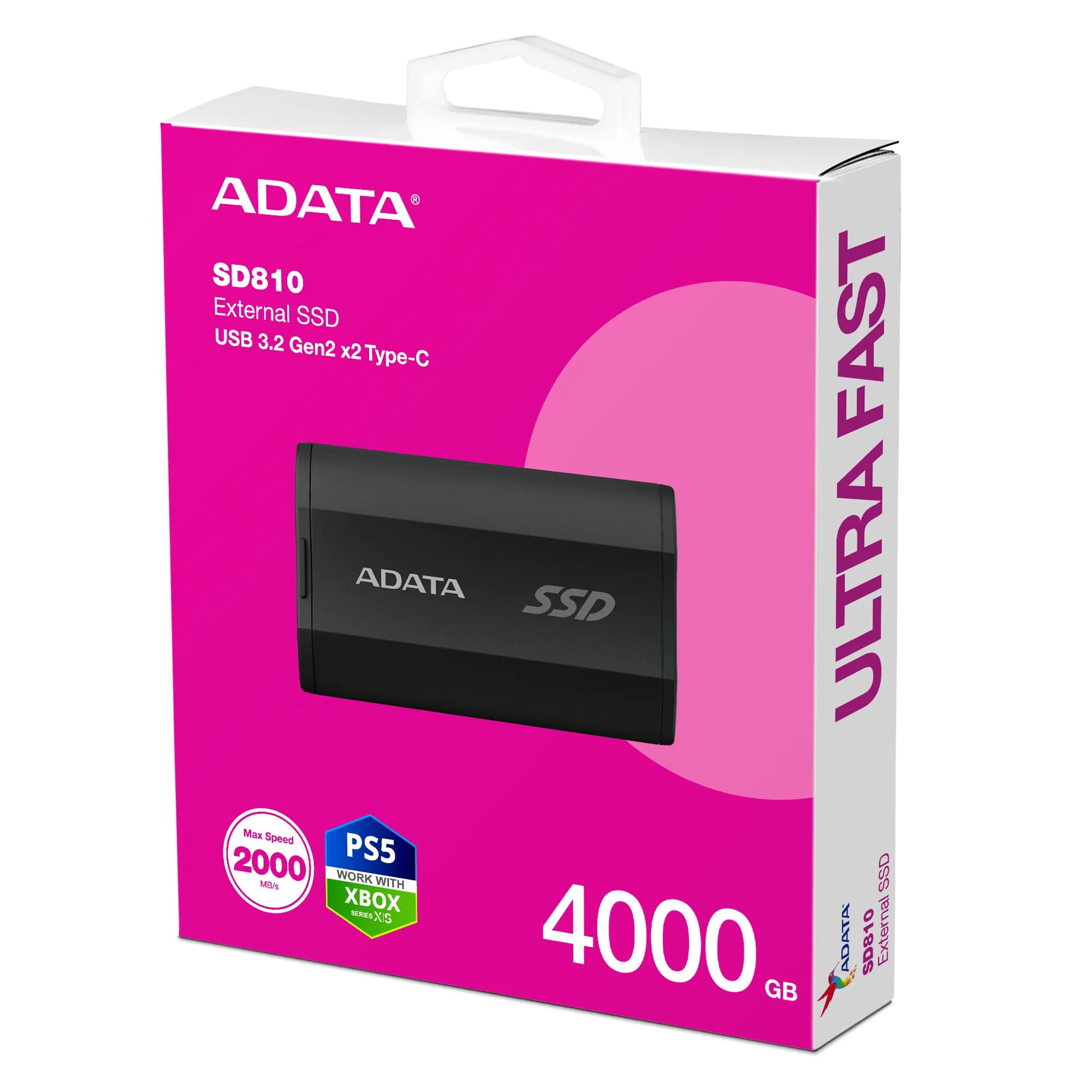 A-DATA SD810 4 Tt USB 3.2 Gen 2x2 (USB-C) -ulkoinen SSD, roiskesuojattu, pölynkestävä, iskunkestävä, pelikäyttöön, musta