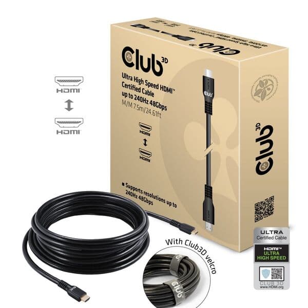 CLUB 3D Ultra High Speed HDMI 2.1 -kaapeli, jossa 240 Hz, 7,5 m, musta