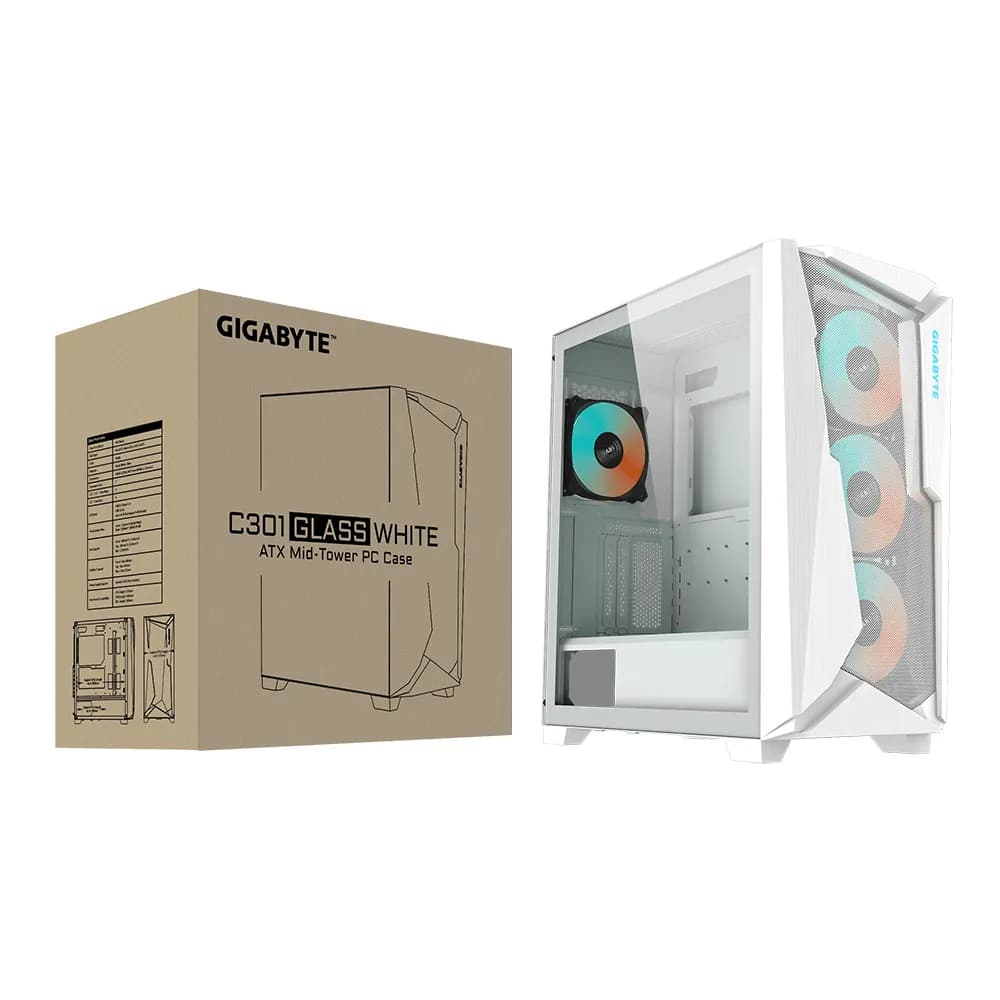 Gigabyte C301 Glass -miditornikotelo ikkunalla ja RGB-valaistuksella, valkoinen