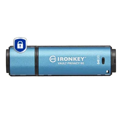 Kingston IronKey Vault Privacy 50 USB 3.2 Gen 1 64 Gt -muistitikku, sininen