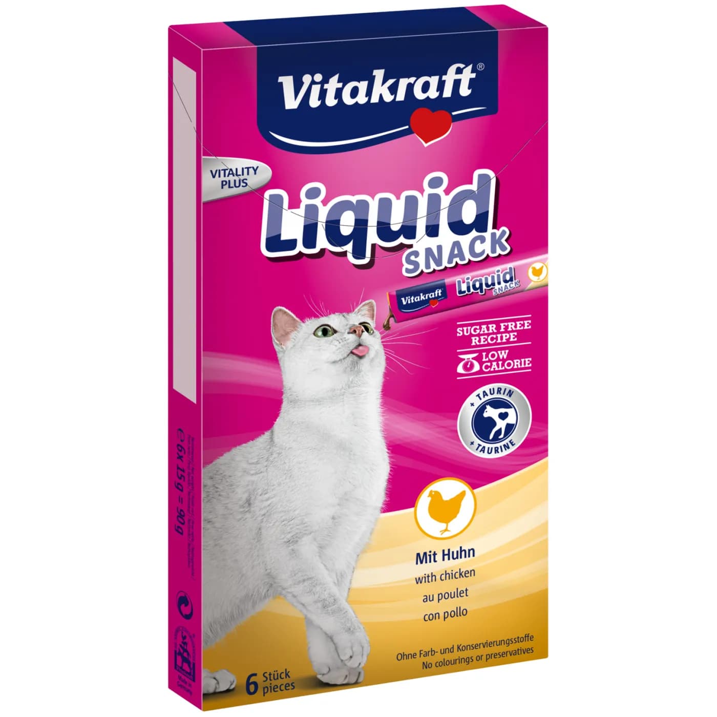 Vitakraft Liquid Snack Chicken + Taurine, Kissan märkäruoka, 6 x 15 g