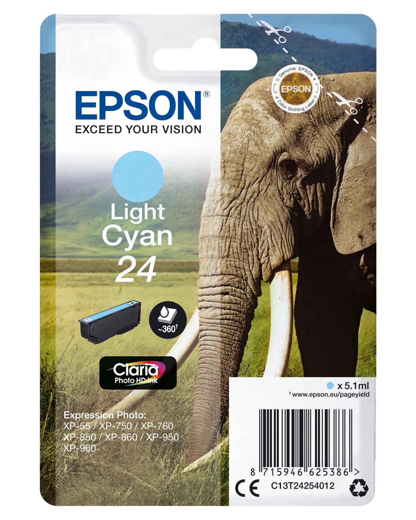 Epson 24 T2425 -mustekasetti, 5.1 ml, vaalea syaani