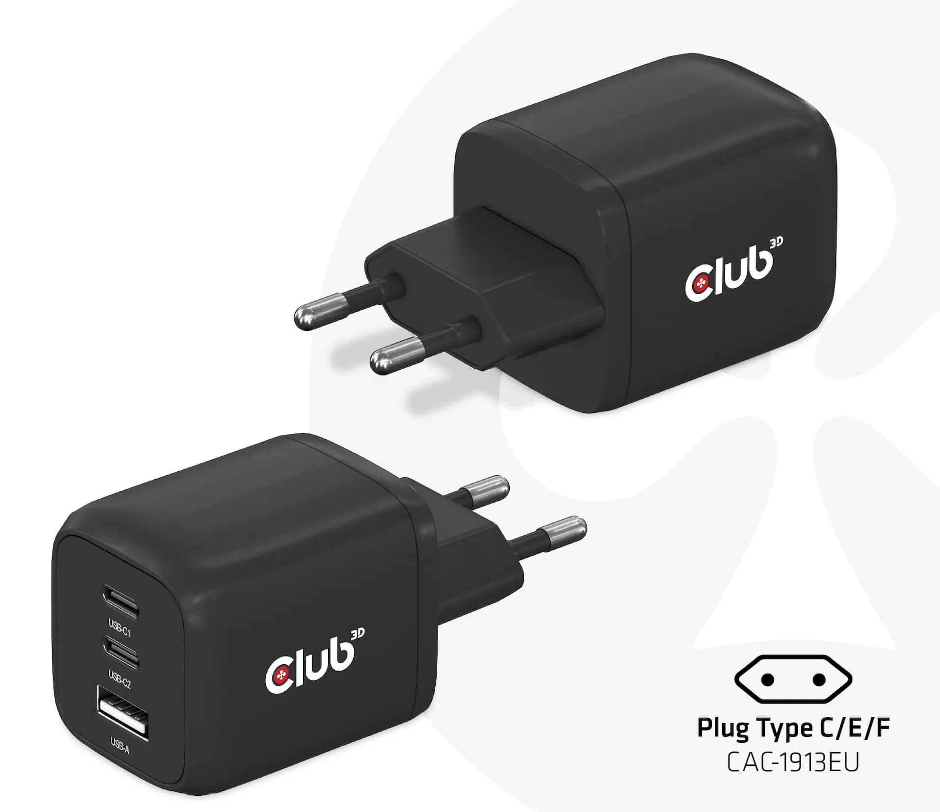 Club 3D 65W GaN, 2x USB C + USB A, PD 3.0 -laturi, Musta