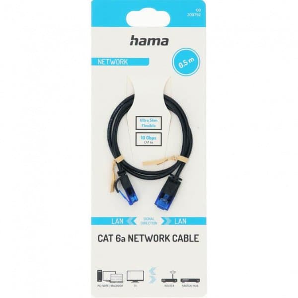 Hama CAT6a U/UTP RJ45 0.5m -verkkokaapeli, musta