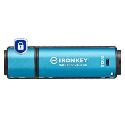 Kingston IronKey Vault Privacy 50 USB-C 3.2 Gen 1 512 Gt -muistitikku, sininen