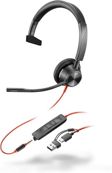 HP Poly Blackwire 3315 -monokuuloke + USB-C - USB-A -sovitin, musta