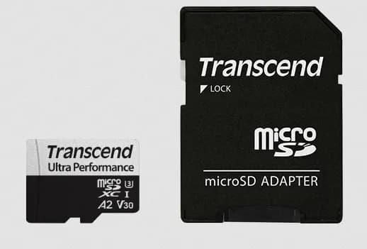 Transcend Ultra Performance 340S 64 Gt MicroSDXC UHS-I U3 V30 A2 -muistikortti + SD-adapteri, musta